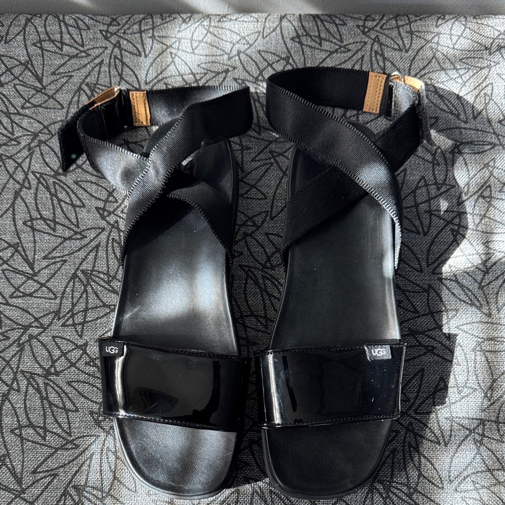 UGG Black Patent Strap Sandals with Elastic Ankle Wrap